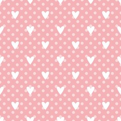 Pink vector background with hearts and polka dots. Cute seamless pattern for valentines desktop wallpaper or lovely website design