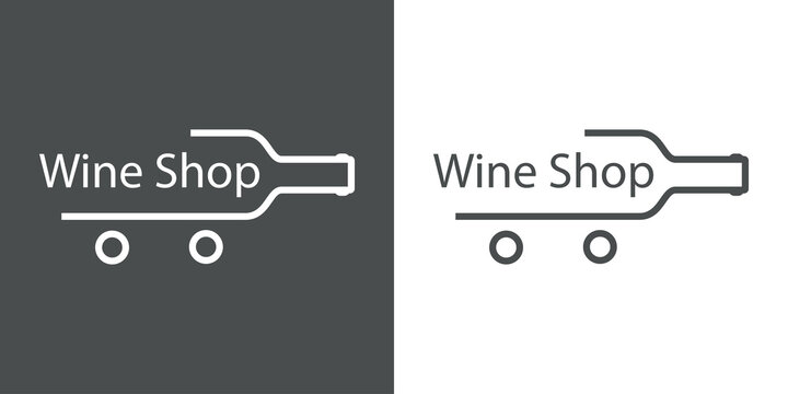 Banner con texto Wine Shop en silueta de botella de vino con ruedas con forma de carrito de la compra con líneas en fondo gris y fondo blanco