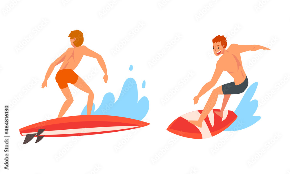 Poster man surfer character on surf board riding moving wave of water vector se