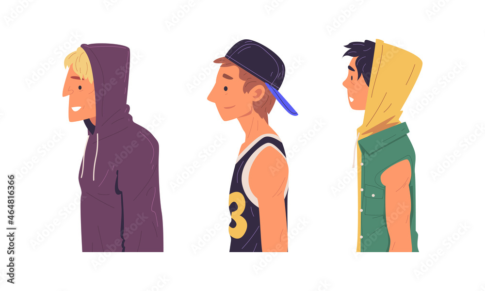 Sticker young man of different subculture in baseball cap and hood side view vector set