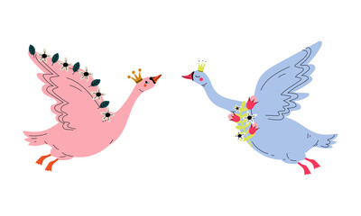 Beautiful Swan Princess with Golden Crown and Flower Decoration Vector Set