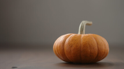 small orange pumpkin on walnut table with white and