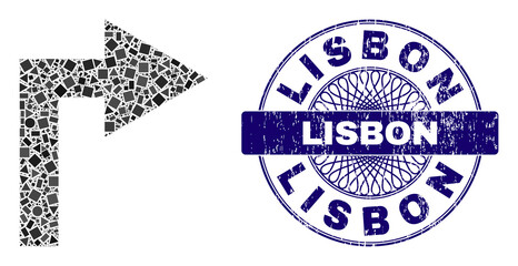 Geometric mosaic turn right, and Lisbon dirty seal imitation. Blue stamp seal contains Lisbon title inside round shape. Vector turn right mosaic is made of randomized round, triangle, square items.