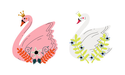 Beautiful Swan Princess with Golden Crown and Flower Decoration Vector Set