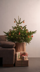 Small christmas tree with natural decorations and gift boxes with warm evening light