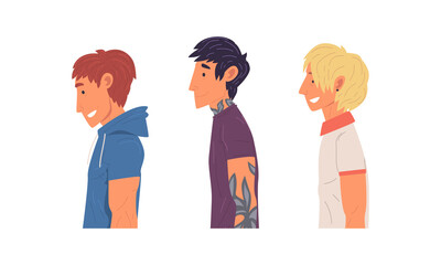 Young Man of Different Subculture in Sweatshirt with Tattoo Side View Vector Set