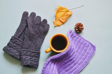 Flat lay composition autumn and winter photography. Cup of coffee, gray woolen gloves, purple knitted scarf, yellow dry leaf and pine cone. Top view photography cafe table