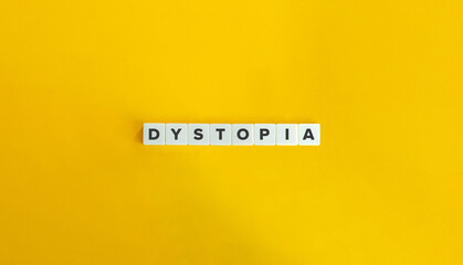 Dystopia banner and concept. Block letters on bright orange background. Minimal aesthetics.