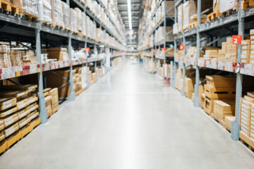 Large hangar warehouse of logistics companies. Warehousing on the floor and called the high shelves. Toning the image.