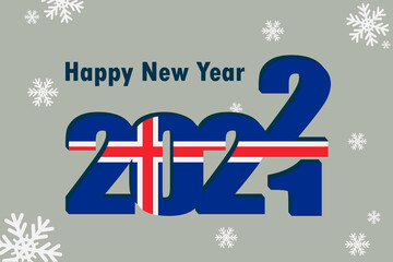 New year card 2022. Depicts an element of the Iceland flag, holiday lettering and snowflakes. It can be used as a promotional poster, postcard, website, or national greeting.