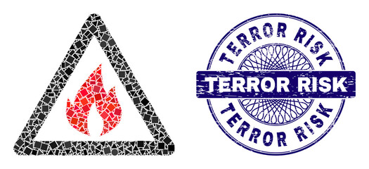 Obraz premium Geometric collage fire warning, and Terror Risk scratched stamp. Blue stamp contains Terror Risk caption inside circle shape. Vector fire warning collage is formed from different spheric, triangle,