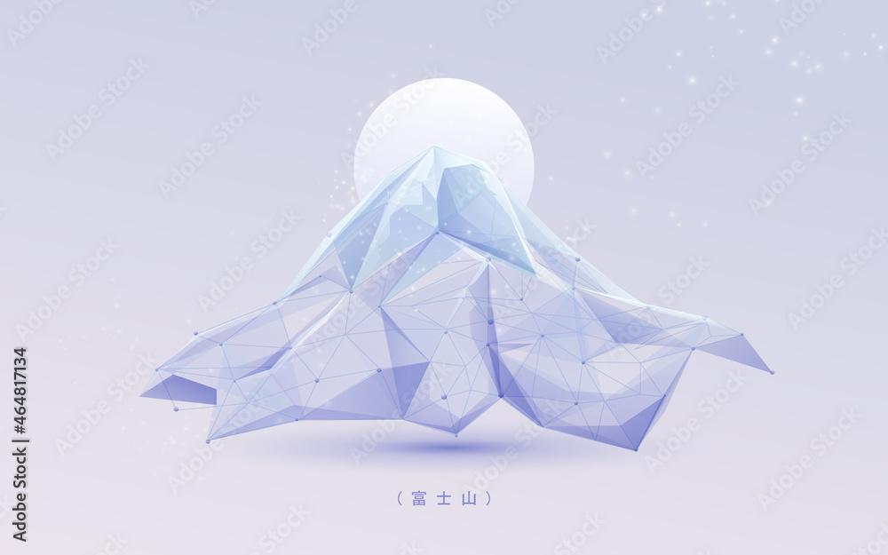 Aufkleber Mount Fuji. Low polygon line, triangles, and particle style design. Abstract geometric wireframe light connection structure. Vector illustration