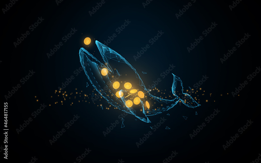 Fototapete whale eating bitcoin, cryptocurrency. low polygon line, triangles, and particle style design. abstra