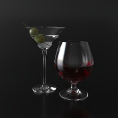 Martini Glass and Alcohol with green olives on a skewer, Glass with Brandy. 3d illustration