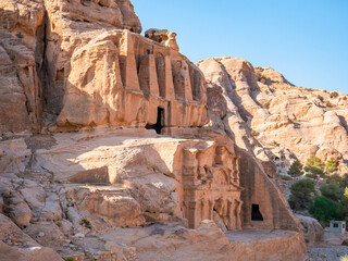 Ancient ruins of the burial complex carved into rocks called Obelisk tomb, in Petra Jordan.