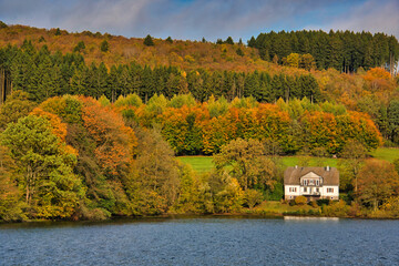 autumn landscape with lake and house