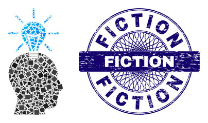 Fototapeta premium Geometric collage genius bulb, and Fiction scratched seal print. Blue seal has Fiction caption inside circle form. Vector genius bulb collage is composed with random circle, triangle, rectangle items.