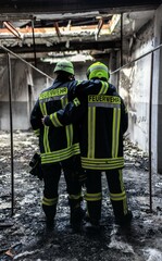 two firefighters embracing each other in the aftermath of a building fire