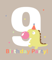 An illustration in a vector. Invitation to the dino party, in cartoon style, on a grey background, with the image of a cute funny dinosaur with pink bubble gum.