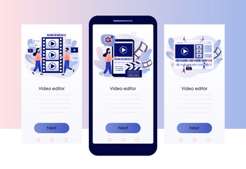 Video editor. Tiny people making multimedia content production and footage editing. Video maker online course. Screen template for mobile, smartphone app.Modern flat cartoon style. Vector illustration