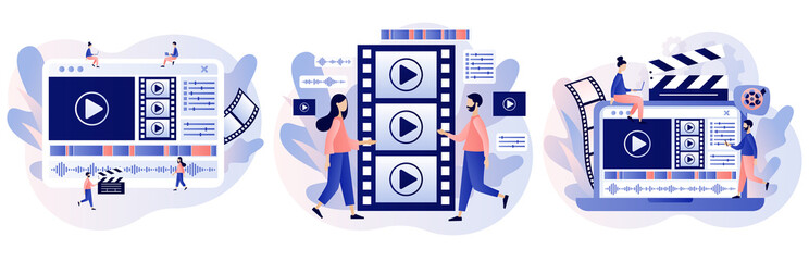 Video editor. Tiny people making multimedia content production and footage editing. Video maker online course. Studio filmmaking. Modern flat cartoon style. Vector illustration on white background - obrazy, fototapety, plakaty