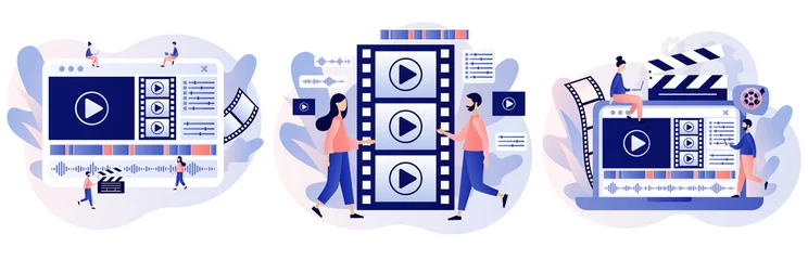 Foto op Plexiglas Video editor. Tiny people making multimedia content production and footage editing. Video maker online course. Studio filmmaking. Modern flat cartoon style. Vector illustration on white background © Marta Sher