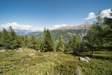 landscape on the grächen - saaf fee hiking trail, in the canton of valais in switzerland. The path...
