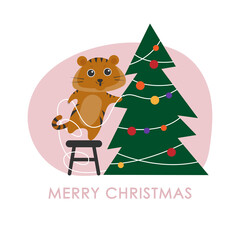 Cute tiger and christmas tree. Greeting card illustration.