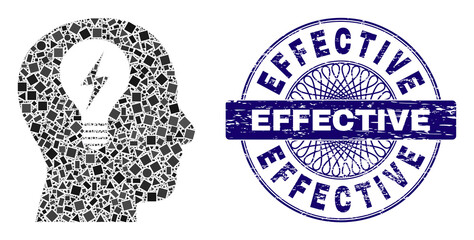 Geometric mosaic head bulb, and Effective rubber stamp seal. Blue stamp seal contains Effective text inside circle form. Vector head bulb mosaic is created from randomized spheric, triangle,