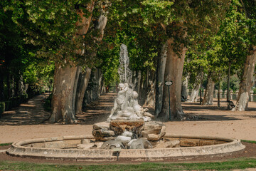 island garden in aranjuez, madrid, ornamental fountain