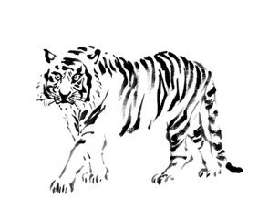水墨画技法で描かれた前進する虎の墨部分右向き