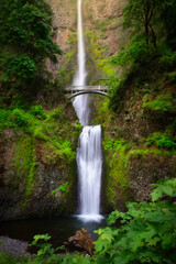 Multnomah Falls, Columbia River Gorge. Beautiful bridge over waterfalls in summer.
