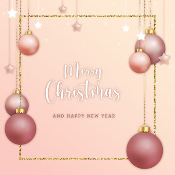 Elegant Christmas postcard with golden rose decorative hanging stars and balls