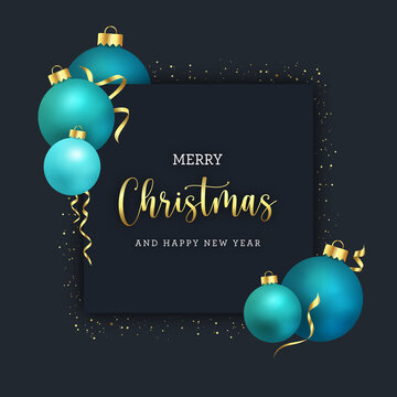 Merry Christmas card background with balls and golden glitter on a dark background