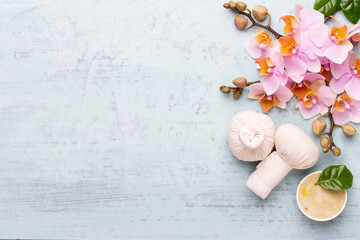 Orchid beauty flowers on vintage background. Spa background, spa therapy, beauty. Spa treatment.