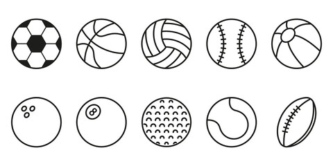 Fototapeta premium Set of Sport Game Balls Icon. Collection of Balls for Basketball, Baseball, Tennis, Rugby, Soccer, Volleyball, Golf, Pool, Bowling Pictogram. Inflatable Ball, Softball Symbol. Vector Illustration