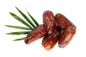Dry dates isolated on white background. Top view. Flat lay pattern.