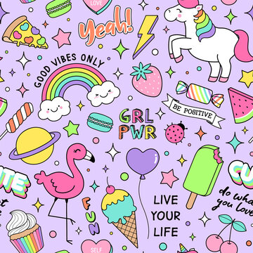 Cute colorful unicorn, flamingo, doodle elements and inspiration quotes seamless pattern background.