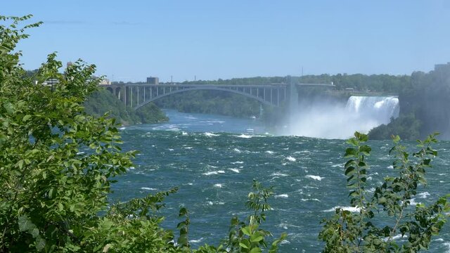 Rainbow Bridge between Canada and the USA with Niagara Falls River.