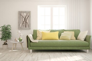 White living room with sofa. Scandinavian interior design. 3D illustration
