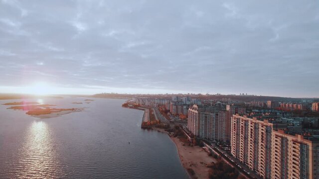 Aerial photography of the morning dawn of the city of Nizhny Novgorod near the big Volga river