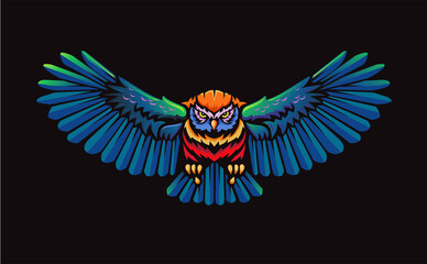 Flying Owl with Open Wings color illustration