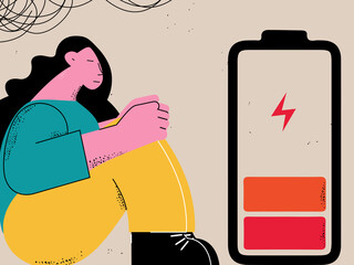 Depression, anxiety problems, burnout, stress concept flat vector illustration. Sad, unhappy, exhausted and tired woman thinking, feeling stressed and frustrated