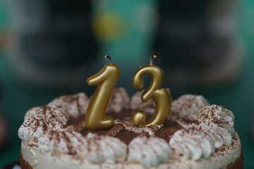 Celebration of teenagers' birthday outdoors at autumn. Cake decorated with number 13. Holidays concept. Close up photography