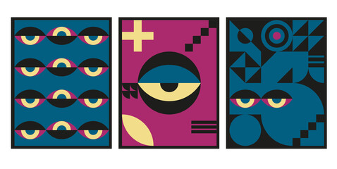 Bauhaus geometric design with eyes elements. Primitive modern shapes and forms. Vector interior posters, covers, banners.