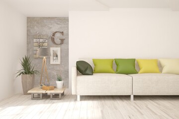 White living room with sofa. Scandinavian interior design. 3D illustration