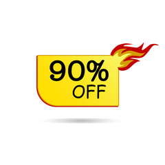 Isolated sticker for sale burning fire price 90% discount, advertising banner. Tag