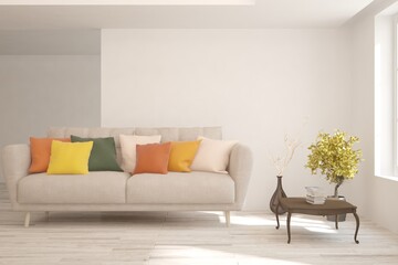 Stylish room in white color with sofa. Scandinavian interior design. 3D illustration