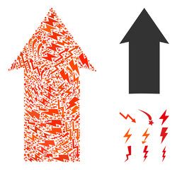 Up direction vector mosaic icon of electricity signs in various sizes and color shades. Power items are combined into up direction vector mosaic. Abstract vector illustration for power supply.