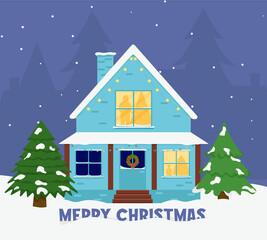 Family house. Merry Christmas winter. Christmas street